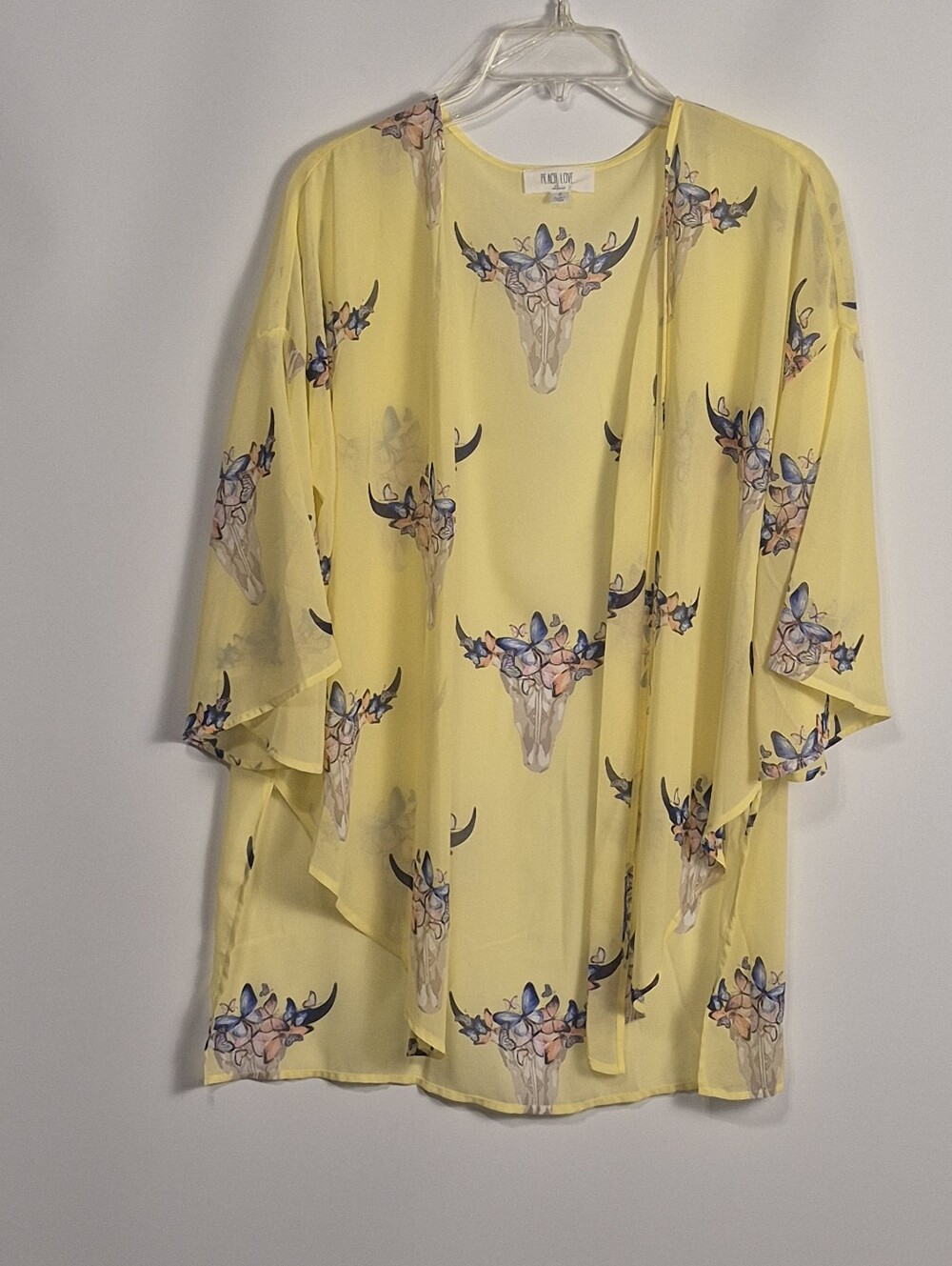 Peach Love Yellow Floral Longhorn Skull Kimono Top Size Small